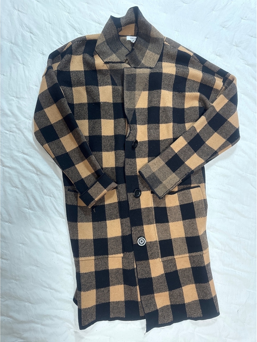 Nine West Women's Small Black and Tan Checkered Pea Coat